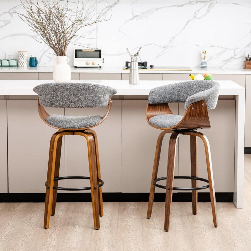 Bar Stools Walnut Bentwood Gray Swivel Open Back Mid-Century