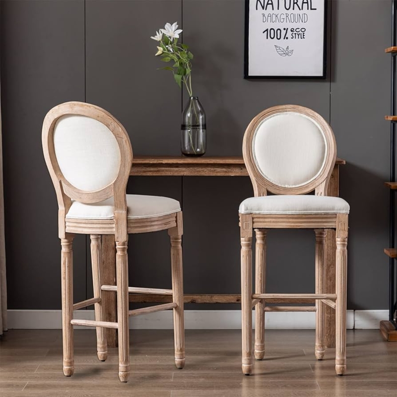 Bar Stools, Weathered Wood, Beige Upholstered Oval Back, Fluted Legs