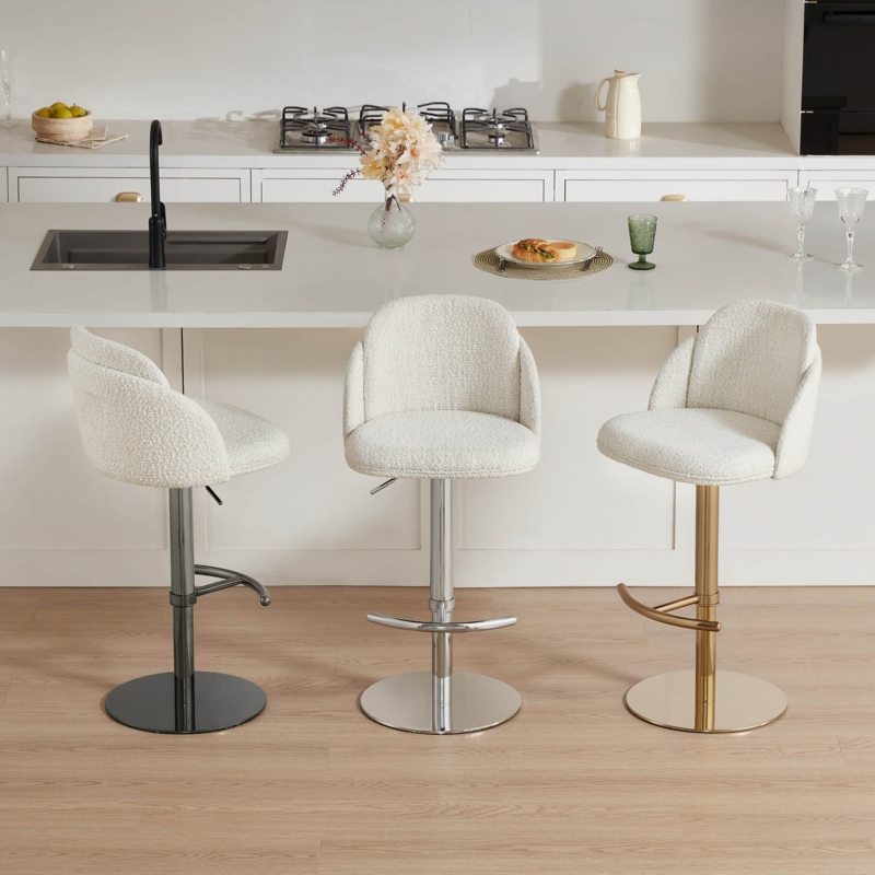 Bar Stools White Boucle Fabric Mixed Metal Finishes Swivel