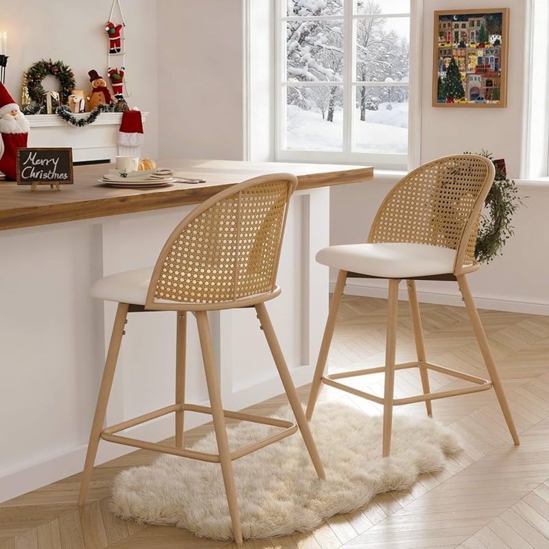 Bar Stools White Faux Leather Woven Back Mid Century Modern