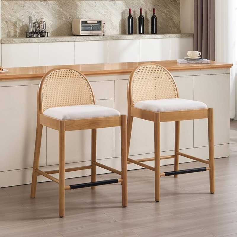 Bar Stools with Arched Cane Back and Upholstered Seat, Japandi Style