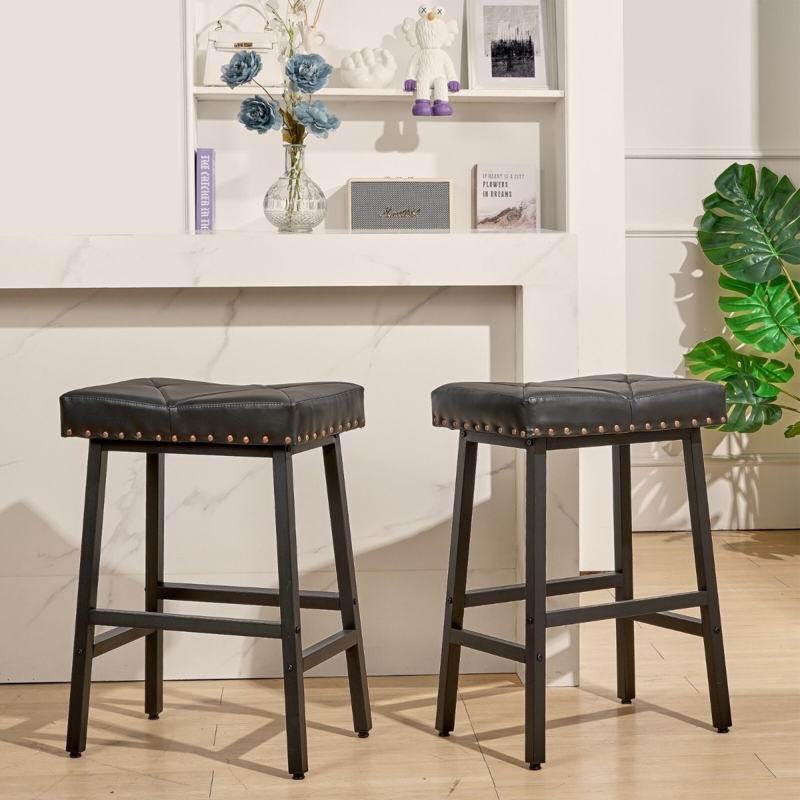 Bar Stools with Backless Silhouette Black Quilted Industrial