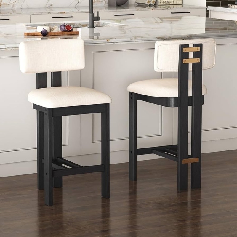 Bar Stools with Brass Backrest Brackets Beige Linen Modern Farmhouse