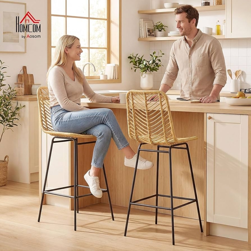 Bar Stools with Chevron Woven Pattern Back and Black Metal Sled Base