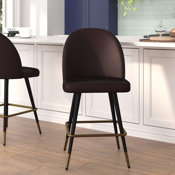 Bar Stools with Gold Capped Legs Burgundy Leather-Like Modern