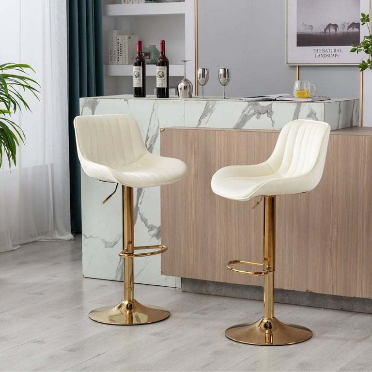 Bar Stools with Gold Pedestal Base Ivory Ribbed Modern Glam