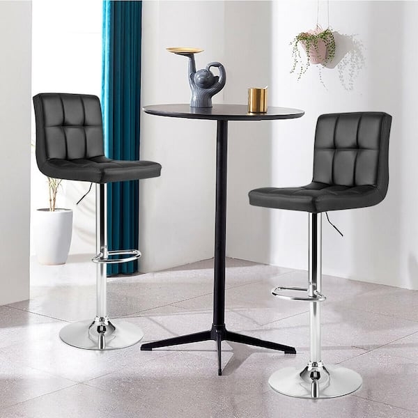 Bar Stools with Grid Tufting Black Leather-Like Chrome Swivel
