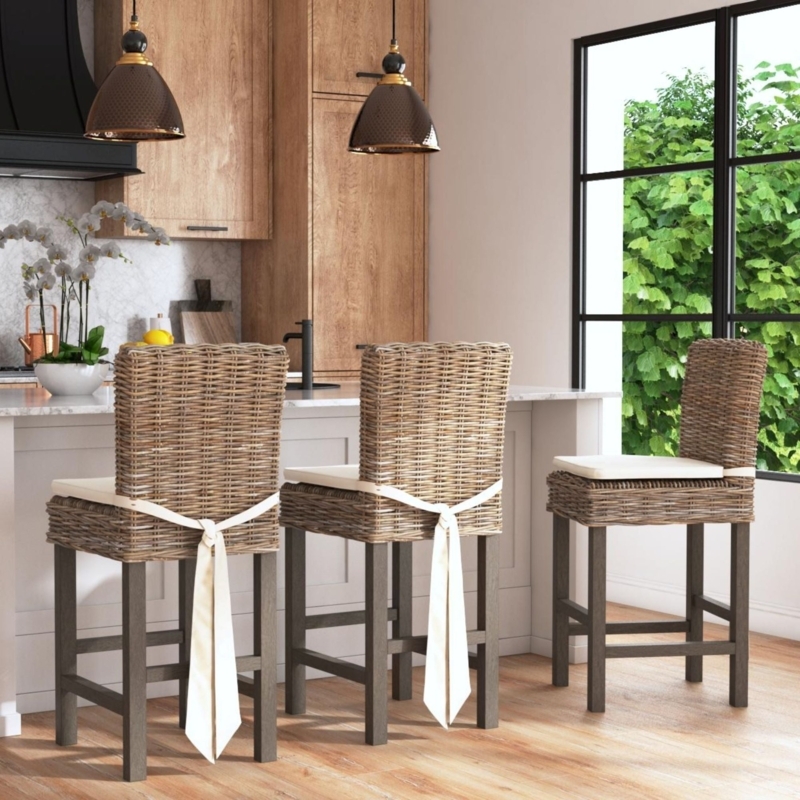 Bar Stools with High Woven Back and White Tie-Back Cushion Detail