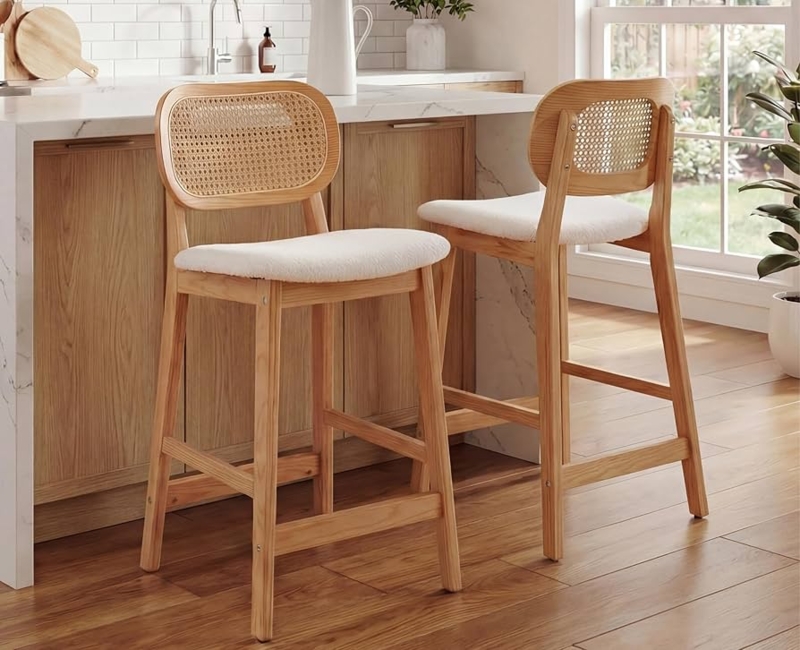 Bar Stools with Sherpa Seat and Cane Back Farmhouse Style