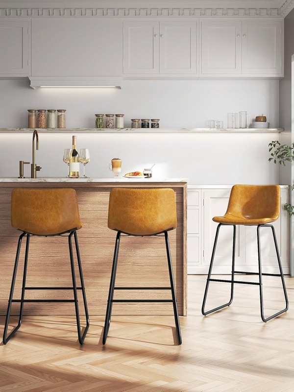 Bar Stools with Sled Base, Whiskey Brown Leather-Like Seat, Low Back