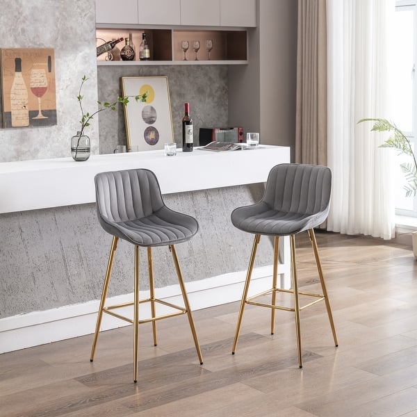 Bar Stools with Vertical Channel Tufting in Slate Gray Velvet-Like Fabric
