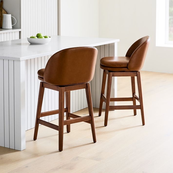 Bar Stools with Wrap-Around Backrest Cognac Wood Mid-Century Swivel