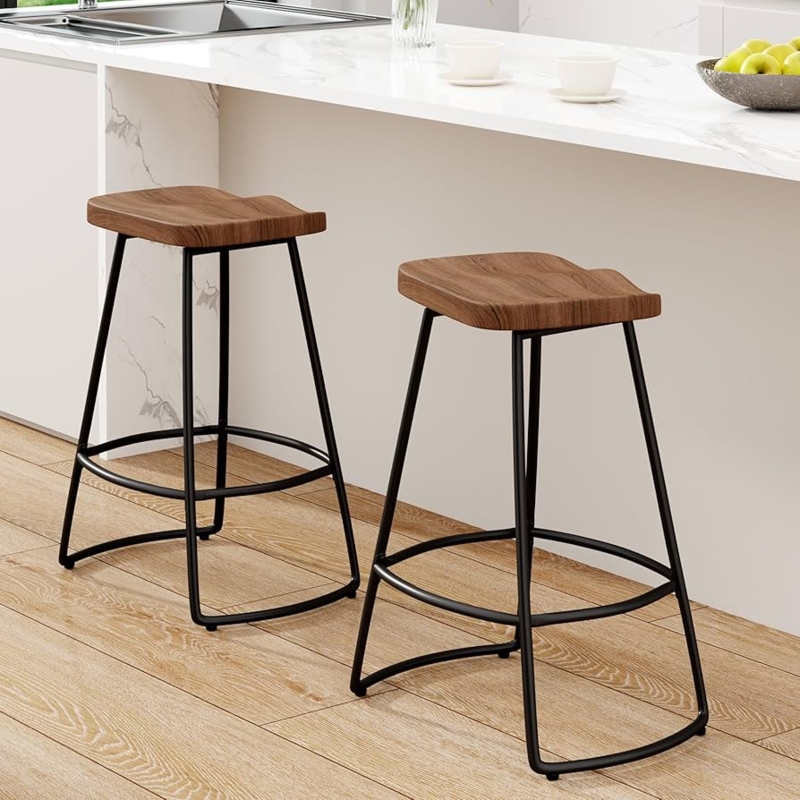Bar Stools Wood And Metal Contoured Saddle Seat Industrial Modern