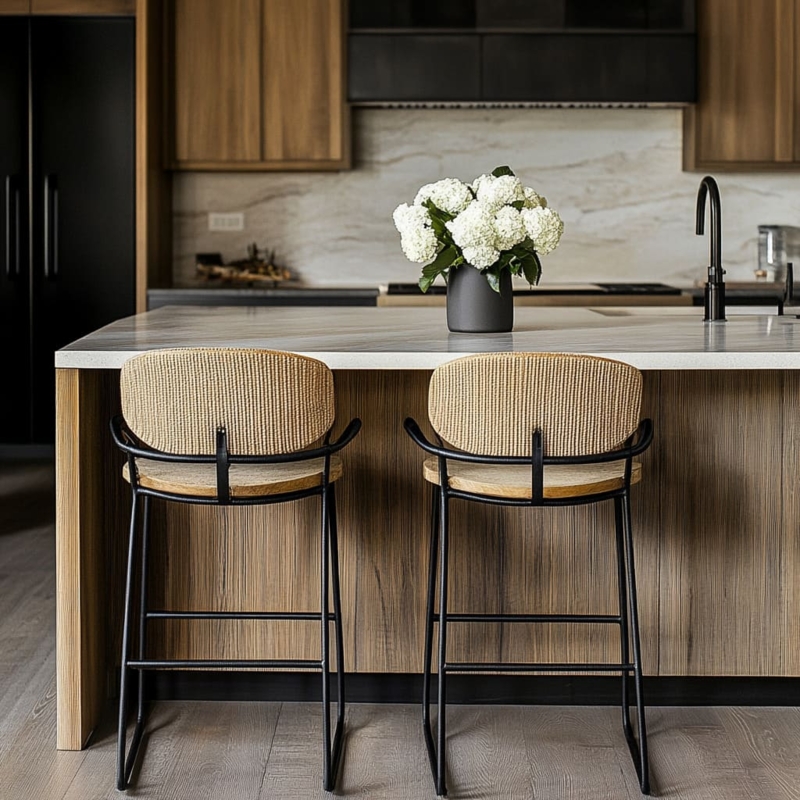 Bar Stools: Woven Rattan Cane Back, Black Metal Sled Base