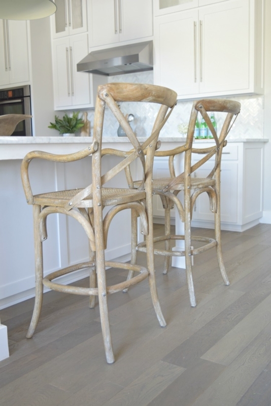 Bar Stools X Back Woven Cane Seat Weathered Wood Curved Arms