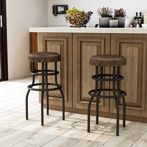Barstool Backless Bronze Leather Nailhead Trim Multi Ring Footrest