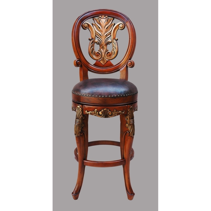 Barstool Baroque Hand Carved Back Mahogany Finish Swivel Seat