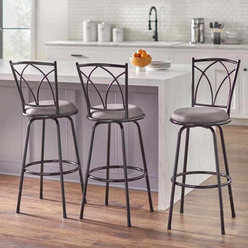Barstool Black Metal Decorative Back Grey Upholstered Swivel Adjustable