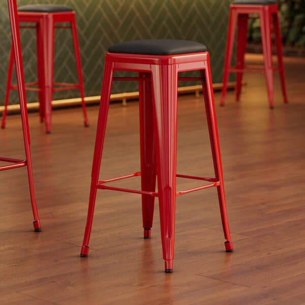 Barstool Black Vinyl Cushion Industrial Metal Frame Backless Glossy
