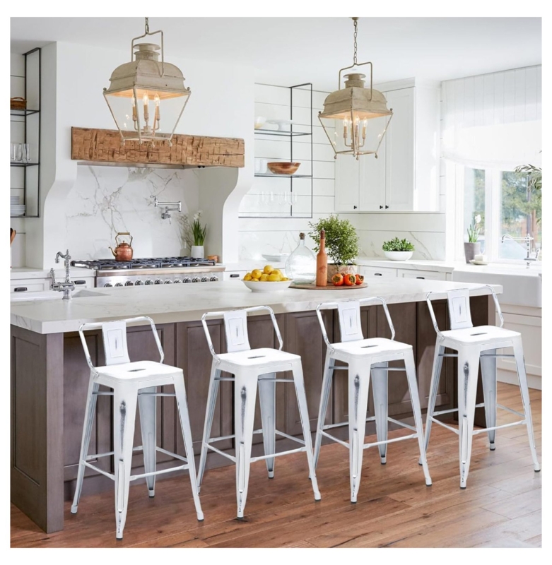 Barstool, Distressed White Metal, Low Back Silhouette, Farmhouse Style