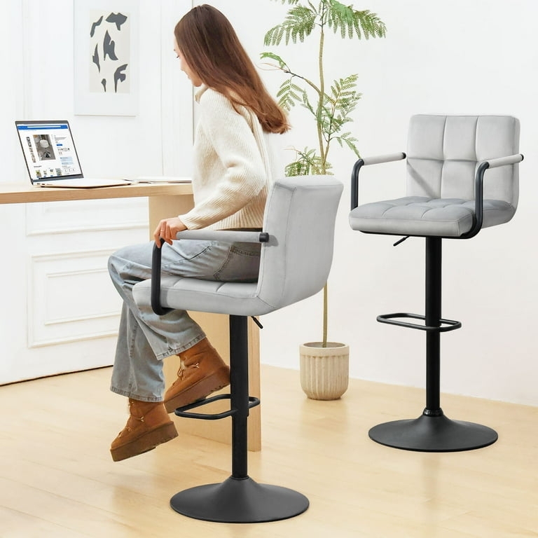 Barstool Grey Velvet Adjustable Height Swivel Tufted Back Black Base
