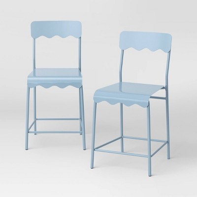 Barstool, Light Blue Metal, Scalloped Edge, Wavy Seat, Minimalist
