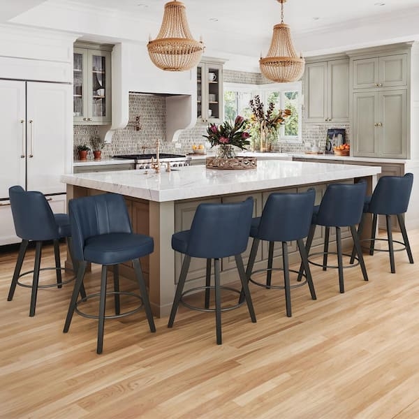 Barstool Navy Blue High Back Swivel Faux Leather Transitional Kitchen