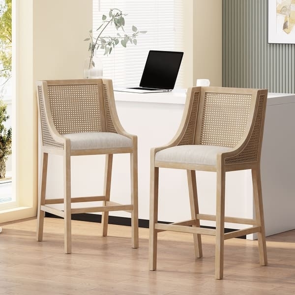 Barstool Set, Light Wood Frame, Woven Cane Backrest, Beige Upholstery