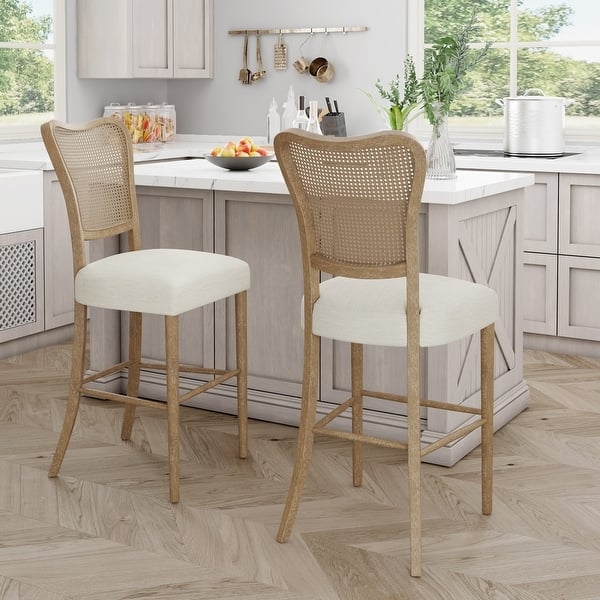 Barstool Set Woven Cane Back Cream Upholstered Seat French Country