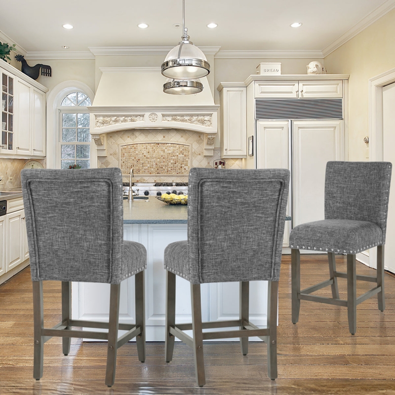 Barstool Slate Gray Linen Fabric Nailhead Trim Dark Wood Legs