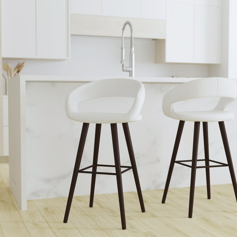 Barstool: Stools with Curved Backrest Design, White Upholstery, Open Back