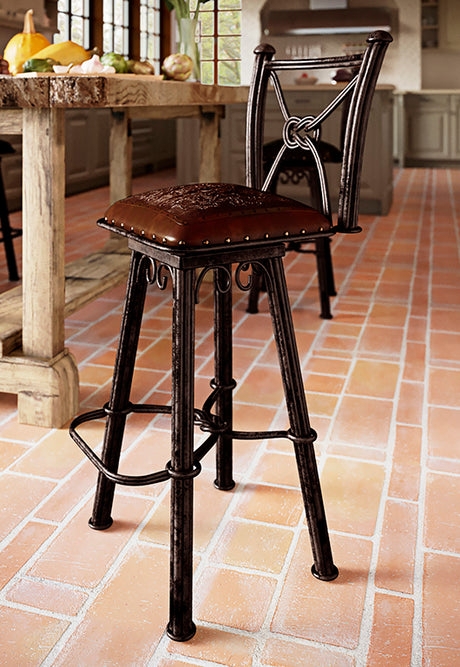Barstool Tooled Leather Texture Dark Metal Swivel X-Back Rustic Western