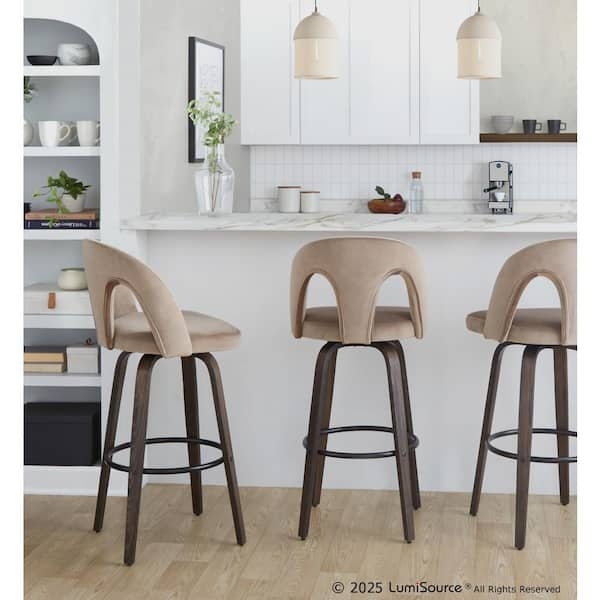 Barstool Velvet Open Back Walnut Legs Mid-Century Modern Kitchen