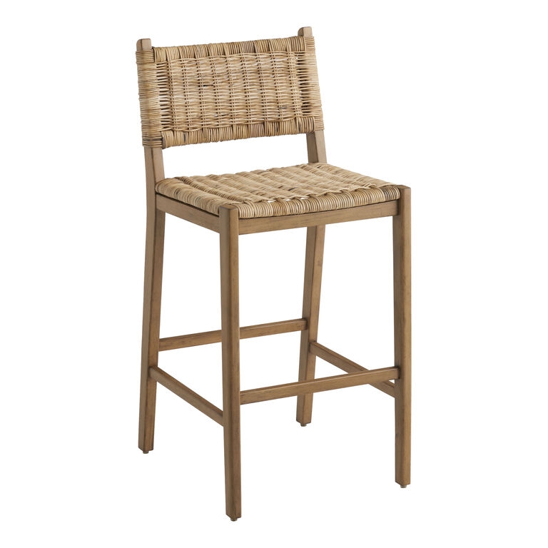 Barstool with Woven Rattan Seat in Acorn Finish, Wood and Cane Style