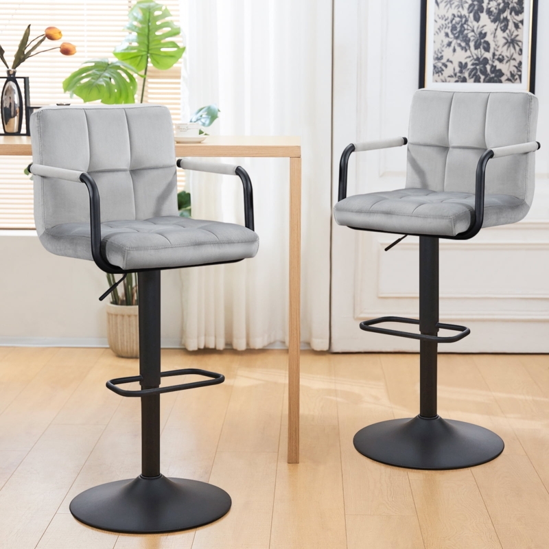 Barstools Grey Velvet Quilted Grid Padded Arms Adjustable