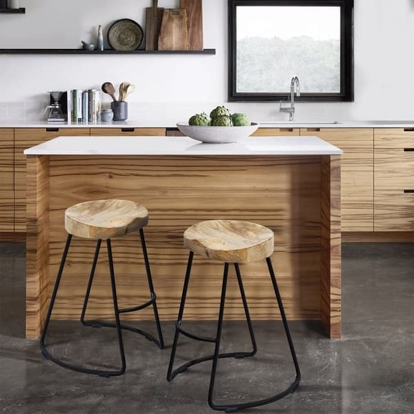 Barstools Industrial Wood Seats Sled Base Black Metal Frame Backless