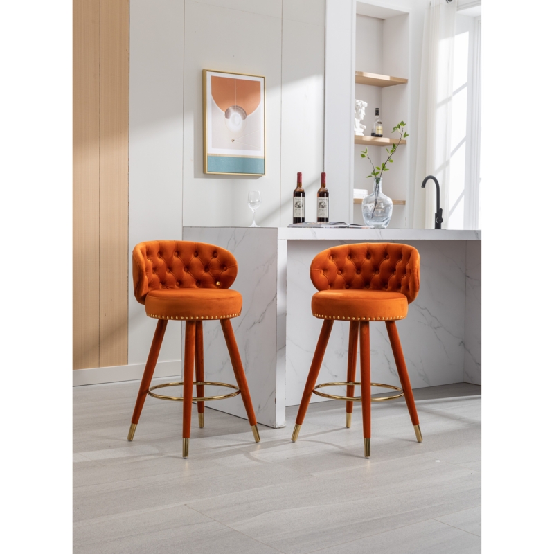 Barstools Set of 2, Button Tufted, Orange Velvet, Nailhead