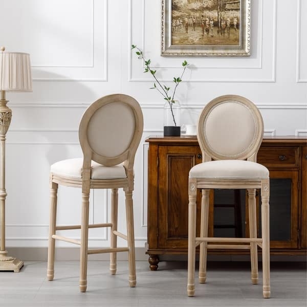Barstools, Upholstered Medallion Back, Fluted Legs, Distressed Natural Finish