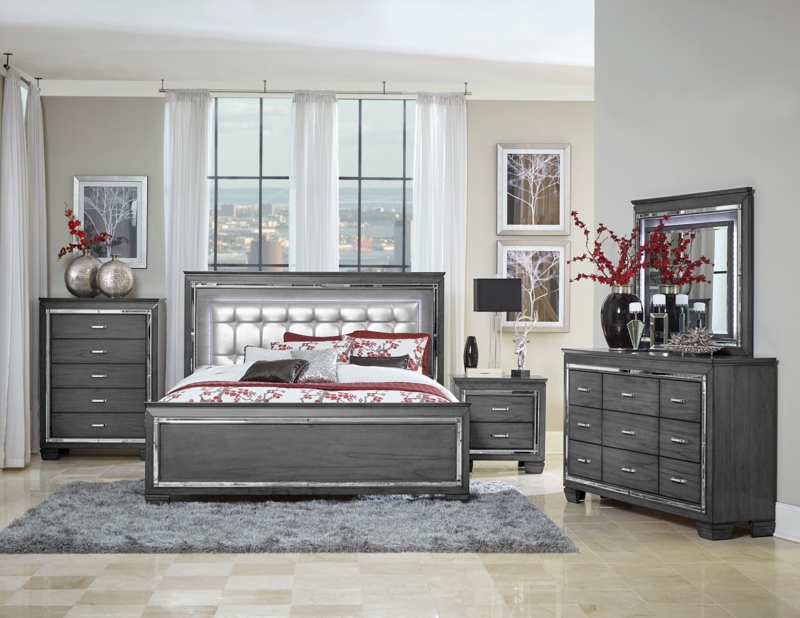 Bed LED Illuminated Headboard Design Charcoal Gray Finish