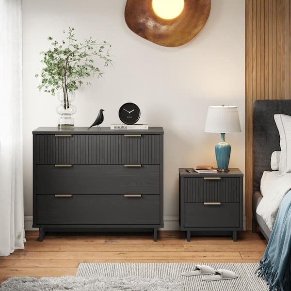 Bedroom Furniture Set, Dark Grey, Ribbed Drawer Fronts, Gold Hardware.