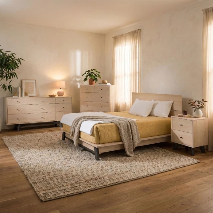 Bedroom Furniture Set Light Wood Suite Black Tapered Legs Scandinavian