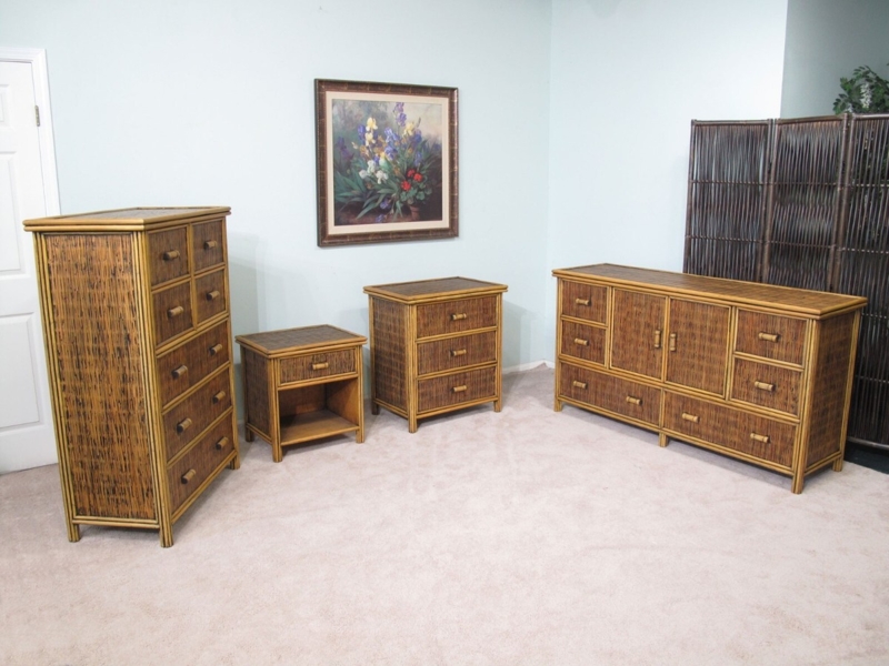 Bedroom Set: Antique Brown Rattan Dresser, Bamboo Style Pulls.