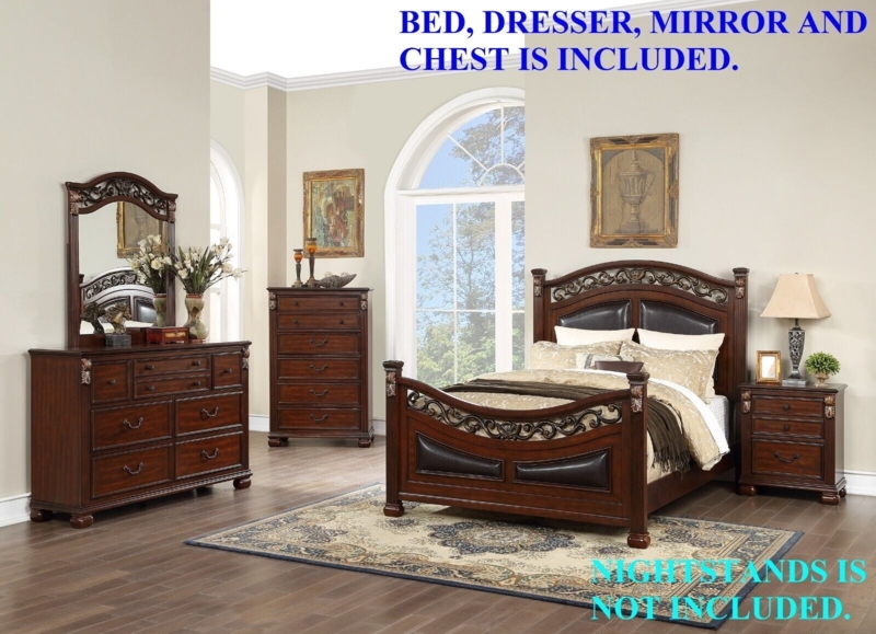 Bedroom Set Dark Brown Ornate Carved Details Traditional Master Suite
