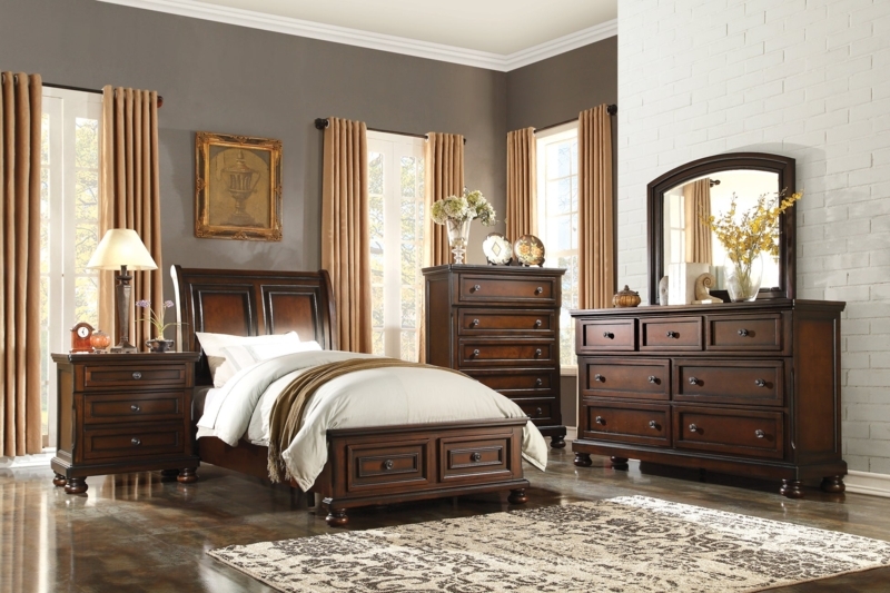 Bedroom Set featuring Dresser with Arched Mirror in Dark Cherry Finish