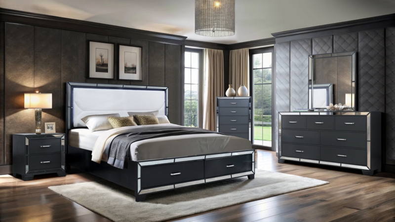 Bedroom Set Graphite Finish Mirrored Inlay Borders LED