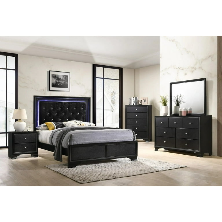 Bedroom Set Matte Black LED Backlit Tufted Headboard