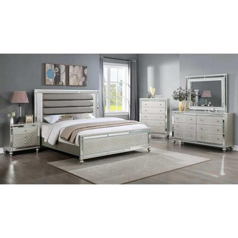 Bedroom Set Mirrored Panels LED Lit Headboard Diamond Quilted