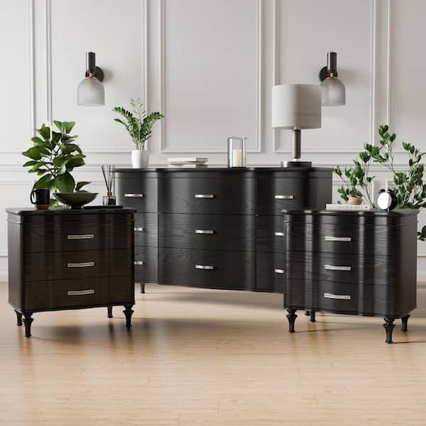 Bedroom Set Serpentine Front Wood Finish Silver Hardware