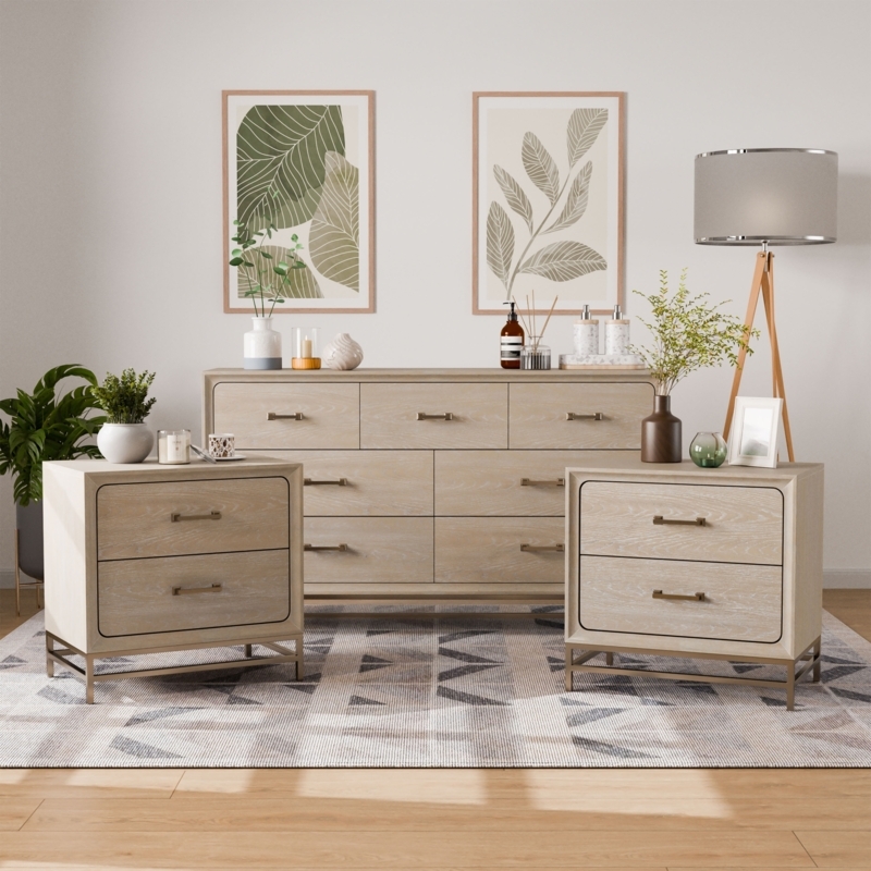 Bedroom Set Transitional Light Wood Slim Metal Base 3 Piece