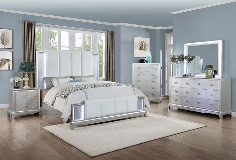 Bedroom Set with Vertical Channeled Headboard and LED Backlighting